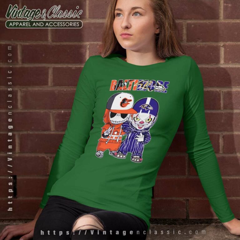 Jack Skellington Baltimore Orioles And Pennywise Baltimore Ravens Long Sleeve Tee Jack Skellington Baltimore Orioles And Pennywise Baltimore Ravens Long Sleeve Tee