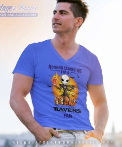 Jack Skellington Nothing Scares Me Im A Baltimore Ravens Fan Halloween V Neck TShirt
