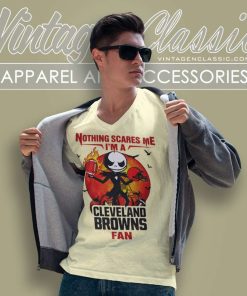 Jack Skellington Nothing Scares Me Im A Cleveland Browns Fan Halloween V Neck TShirt