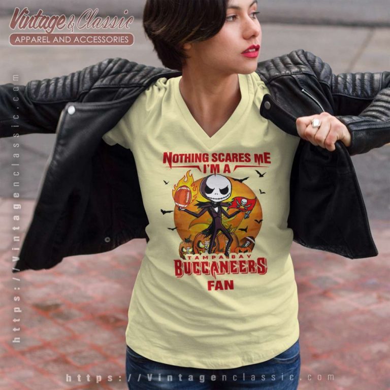 Jack Skellington Nothing Scares Me Im A Tampa Bay Buccaneers Fan Halloween V Neck TShirt Jack Skellington Nothing Scares Me Im A Tampa Bay Buccaneers Fan Halloween V Neck TShirt