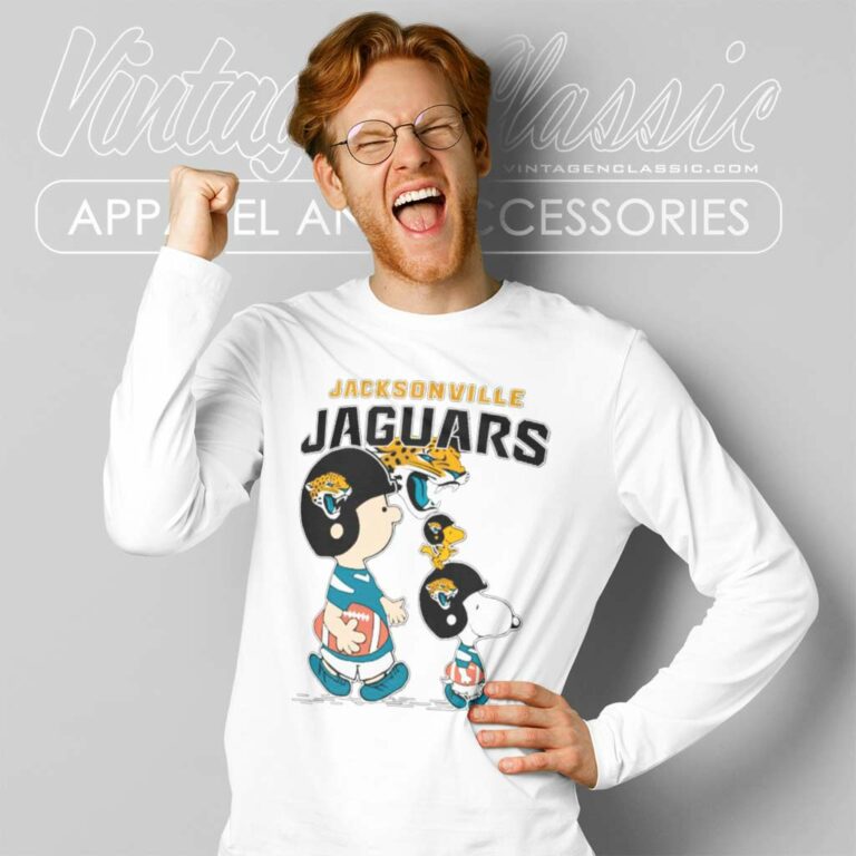 Jacksonville Jaguars Lets Play Football Together Snoopy Charlie Brown And Woodstock Long Sleeve Tee Jacksonville Jaguars Lets Play Football Together Snoopy Charlie Brown And Woodstock Long Sleeve Tee