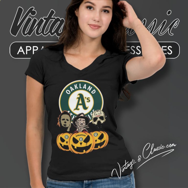 Jason Voorhees And Freddy Krueger Oakland Athletics Halloween V Neck TShirt Jason Voorhees And Freddy Krueger Oakland Athletics Halloween V Neck TShirt