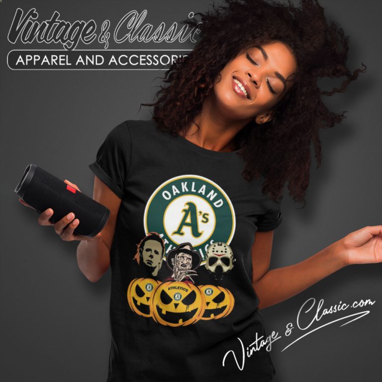 Jason Voorhees And Freddy Krueger Oakland Athletics Halloween Women T Shirt Jason Voorhees And Freddy Krueger Oakland Athletics Halloween Women T Shirt