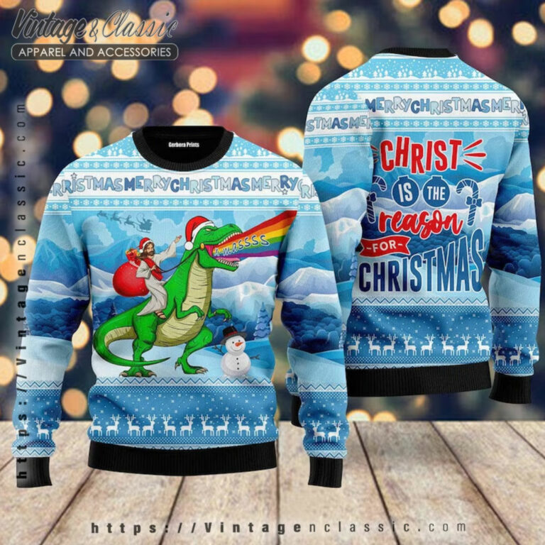 Jesus Riding A Dinosaur Jurassic Ugly Sweater back Ugly Christmas Sweater Jesus Riding A Dinosaur Jurassic Ugly Sweater back Ugly Christmas Sweater