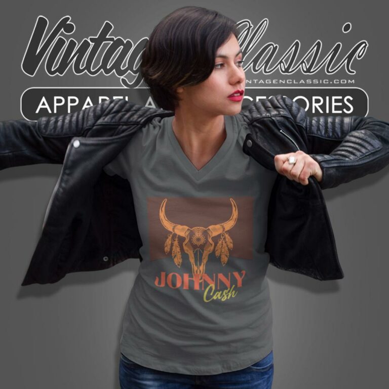 Johnny Cash Bull Skull Western V Neck TShirt Johnny Cash Bull Skull Western V Neck TShirt