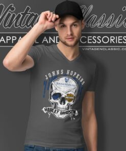 Johns Hopkins University Harley Davidson Skull V Neck TShirt