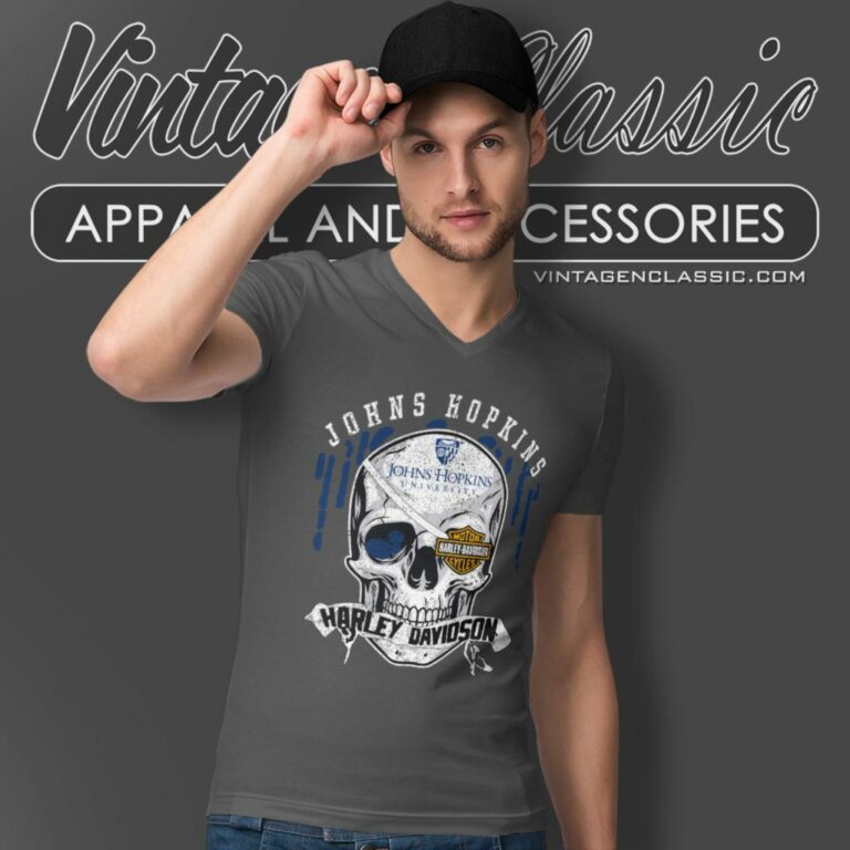 Johns Hopkins University Harley Davidson Skull V Neck TShirt Johns Hopkins University Harley Davidson Skull V Neck TShirt