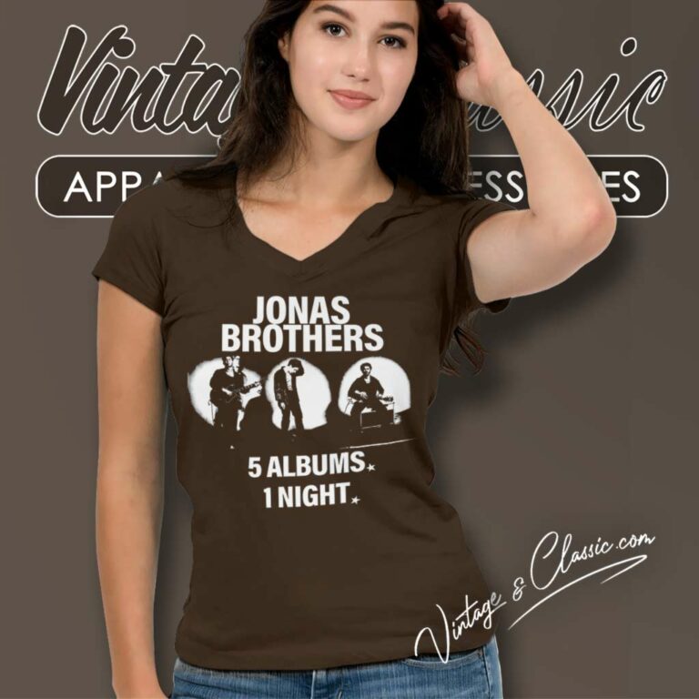 Jonas Brothers 5 Albums 1 Night V Neck TShirt Jonas Brothers 5 Albums 1 Night V Neck TShirt