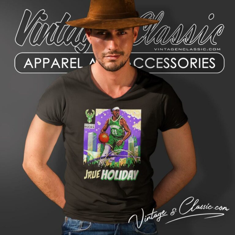 Jrue Holiday Skyline Milwaukee Bucks V Neck TShirt Jrue Holiday Skyline Milwaukee Bucks V Neck TShirt