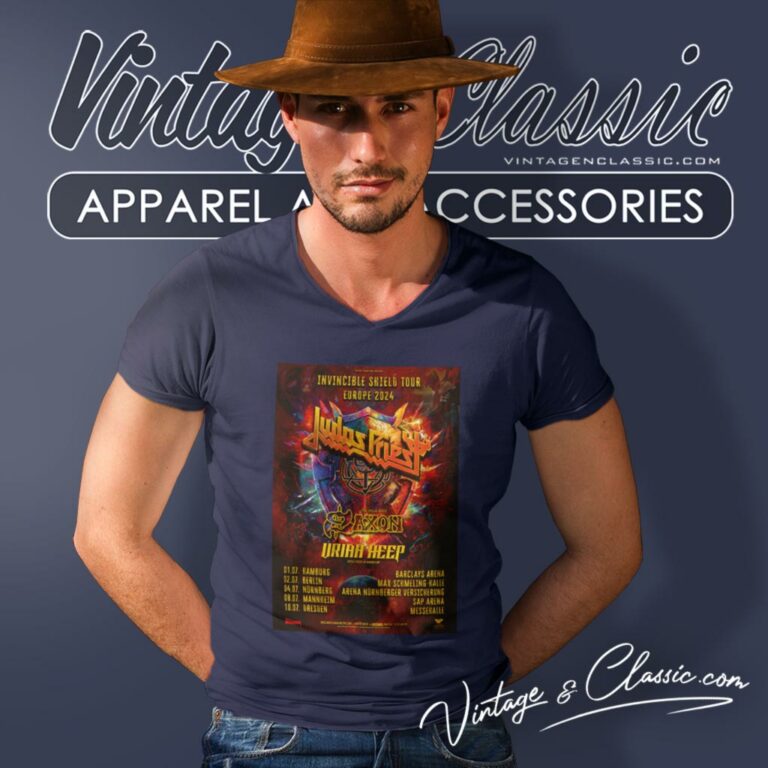 Judas Priest Shirt Announce 2024 Invincible Shield Tour Dates V Neck TShirt Judas Priest Shirt Announce 2024 Invincible Shield Tour Dates V Neck TShirt