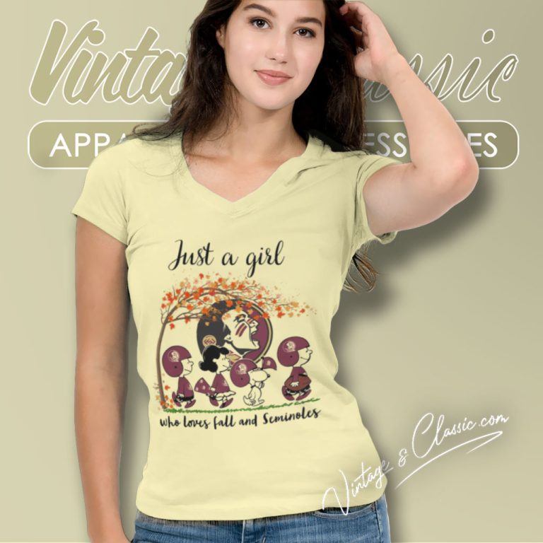 Just A Girl Who Loves Fall And Seminoles Peanuts Cartoon Halloween V Neck TShirt Just A Girl Who Loves Fall And Seminoles Peanuts Cartoon Halloween V Neck TShirt