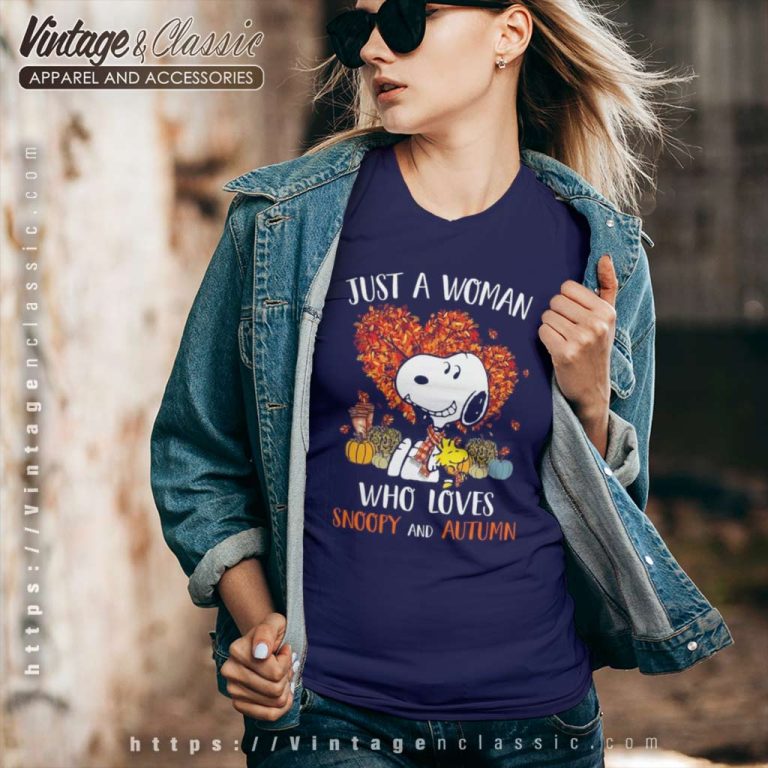 Just A Woman Who Love Snoopy And Autumn V Neck TShirt Just A Woman Who Love Snoopy And Autumn V Neck TShirt