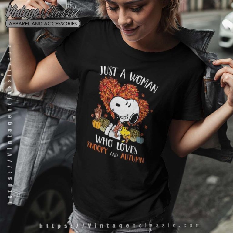 Just A Woman Who Love Snoopy And Autumn Women TShirt Just A Woman Who Love Snoopy And Autumn Women TShirt