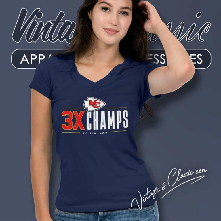 Kansas City Chiefs 3x Champions Iv Liv Lvii V Neck TShirt Kansas City Chiefs 3x Champions Iv Liv Lvii V Neck TShirt