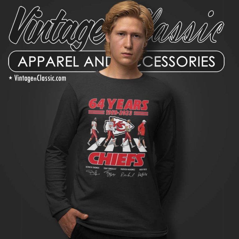 Kansas City Chiefs Cross The Road Signatures 64 Years Long Sleeve Tee Kansas City Chiefs Cross The Road Signatures 64 Years Long Sleeve Tee