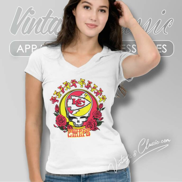 Kansas City Chiefs Grateful Dead Roses Dancing Bears V Neck TShirt Kansas City Chiefs Grateful Dead Roses Dancing Bears V Neck TShirt