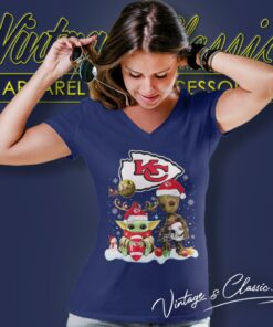 Kansas City Chiefs Shirt Baby Yoda And Groot Santa Christmas 6 Kansas City Chiefs Shirt Baby Yoda And Groot Santa Christmas V Neck TShirt