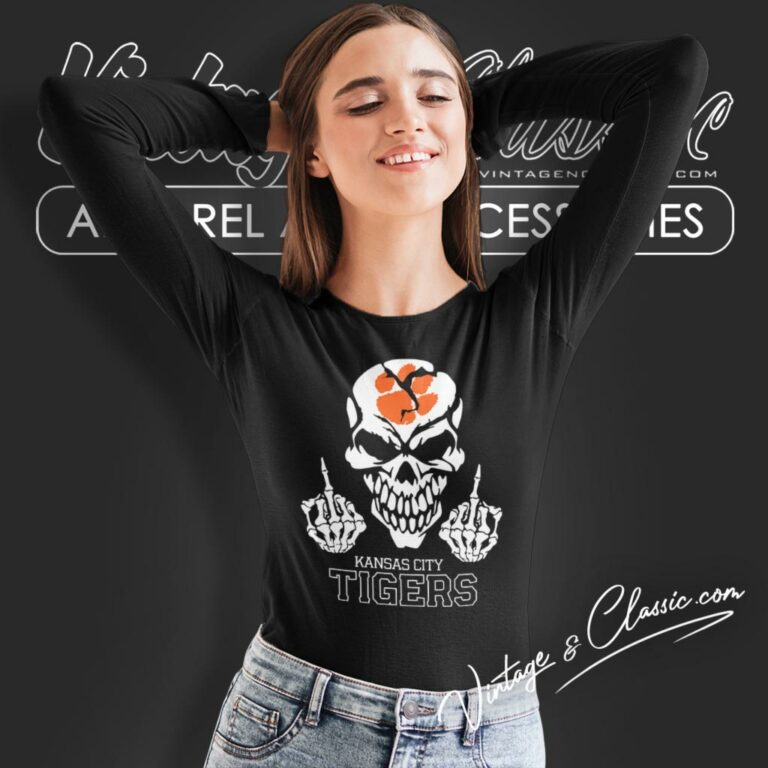 Kansas City Clemson Tigers Skull Middle Finger Long Sleeve Tee Kansas City Clemson Tigers Skull Middle Finger Long Sleeve Tee