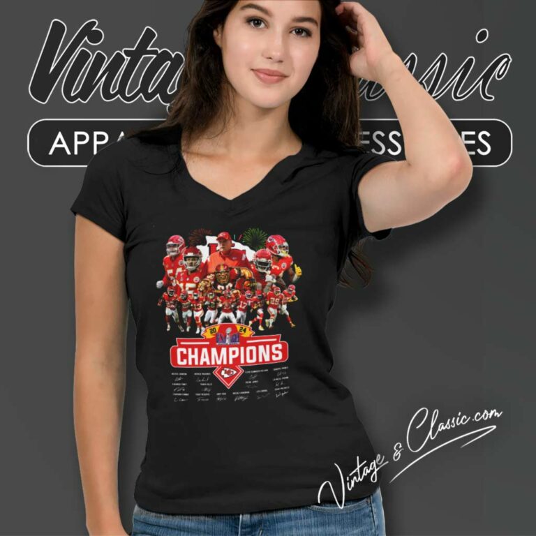 Kc Chiefs Super Bowl Lviii Champions Signatures V Neck TShirt Kc Chiefs Super Bowl Lviii Champions Signatures V Neck TShirt