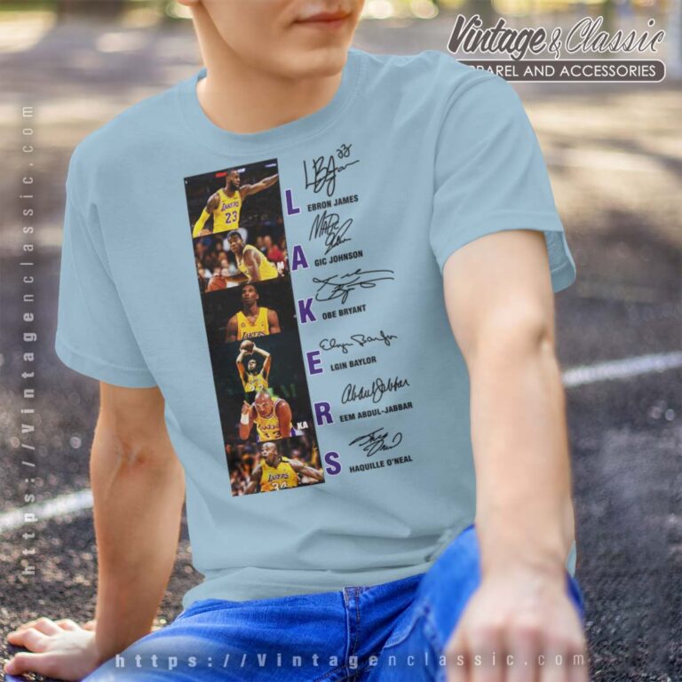 Lakers Lebron James Magic Johnson Kobe Bryant Elgin Signature Light Blue T Shirt Lakers Lebron James Magic Johnson Kobe Bryant Elgin Signature Light Blue T Shirt