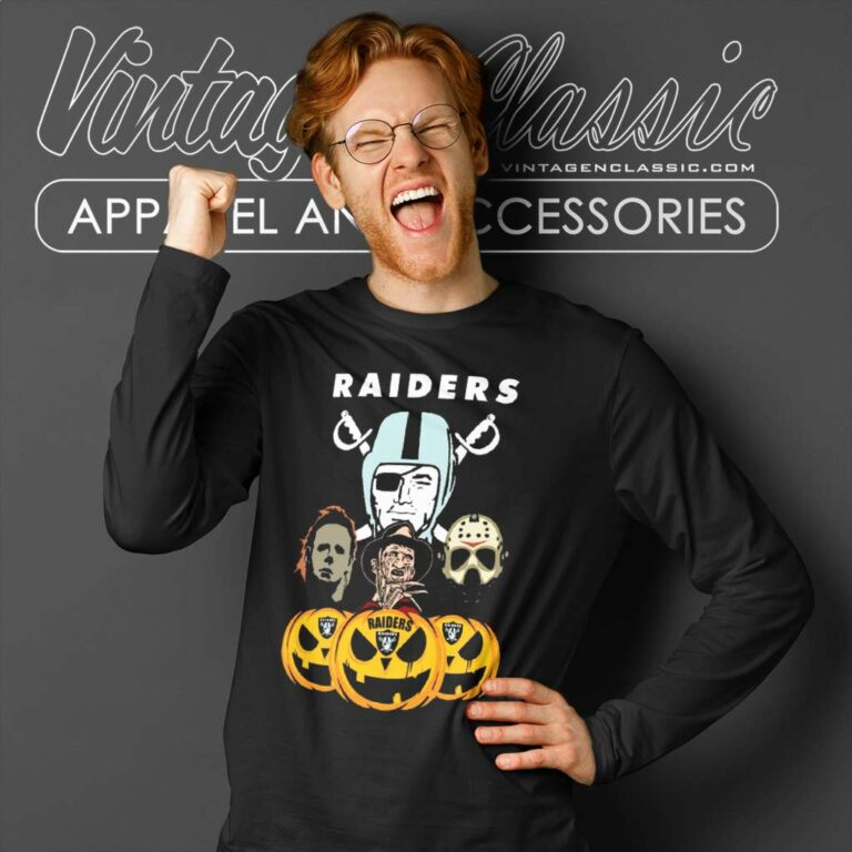 Las Vegas Raiders Freddy Krueger Michael Myers Jason Voorhees Pumpkin Halloween Long Sleeve Tee Las Vegas Raiders Freddy Krueger Michael Myers Jason Voorhees Pumpkin Halloween Long Sleeve Tee