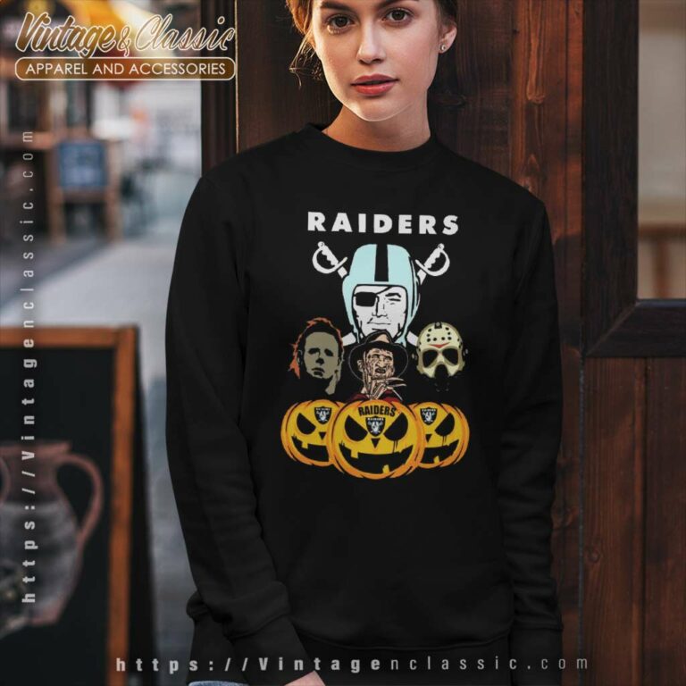 Las Vegas Raiders Freddy Krueger Michael Myers Jason Voorhees Pumpkin Halloween Sweatshirt Las Vegas Raiders Freddy Krueger Michael Myers Jason Voorhees Pumpkin Halloween Sweatshirt