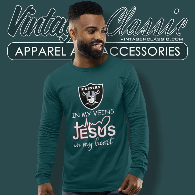 Las Vegas Raiders In My Veins Jesus In My Heart Long Sleeve Tee Las Vegas Raiders In My Veins Jesus In My Heart Long Sleeve Tee