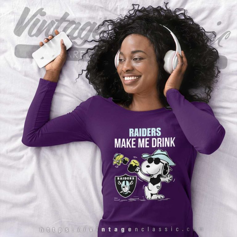 Las Vegas Raiders Snoopy Woodstock Make Me Drink Long Sleeve Tee Las Vegas Raiders Snoopy Woodstock Make Me Drink Long Sleeve Tee