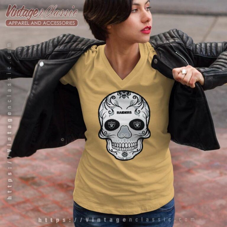 Las Vegas Raiders Sugar Skull V Neck TShirt Las Vegas Raiders Sugar Skull V Neck TShirt