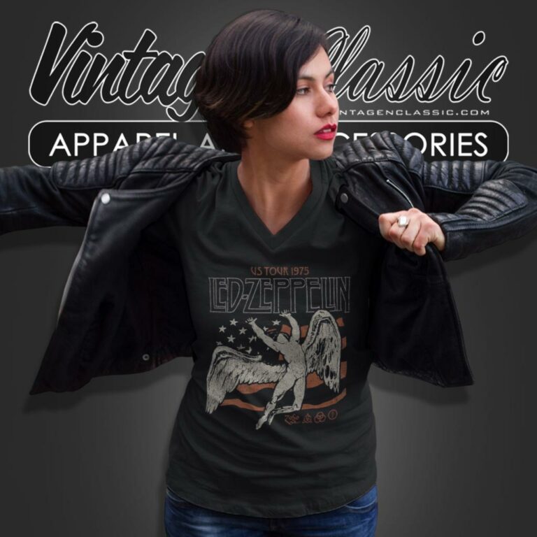 Led Zeppelin Shirt Us 1975 Tour Flag V Neck TShirt Led Zeppelin Shirt Us 1975 Tour Flag V Neck TShirt