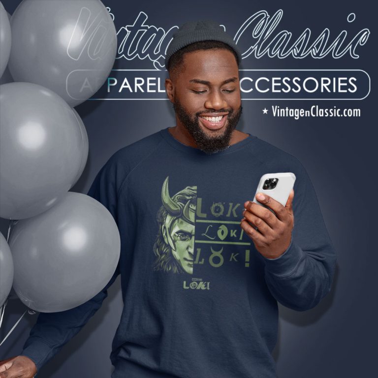 Loki Split Face Loki Logo Stack Sweatshirt Loki Split Face Loki Logo Stack Sweatshirt