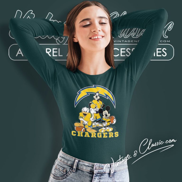 Los Angeles Chargers Mickey Mouse Donald Duck Goofy Long Sleeve Tee Los Angeles Chargers Mickey Mouse Donald Duck Goofy Long Sleeve Tee
