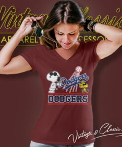 Los Angeles Dodgers Snoopy Woodstock Baseball V Neck TShirt