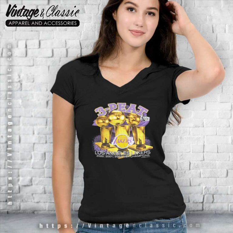Los Angeles Lakers 3 Peat Champions 2002 V Neck TShirt Los Angeles Lakers 3 Peat Champions 2002 V Neck TShirt