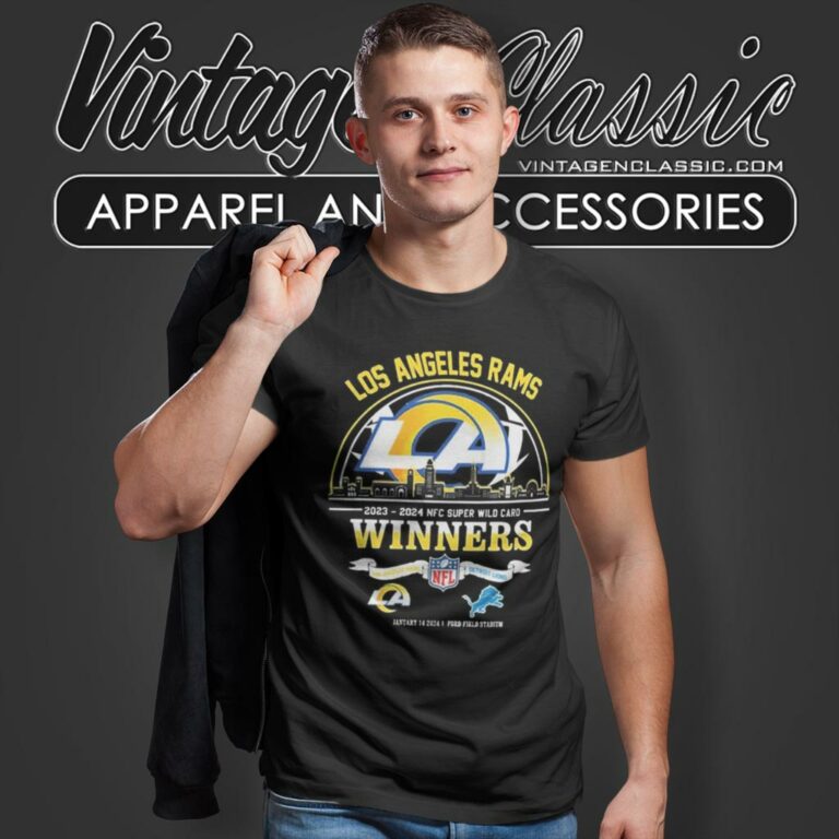 Los Angeles Rams 2023 2024 Nfc Super Wild Card Winners Skyline Nfl Playoffs Divisional T Shirt Los Angeles Rams 2023 2024 Nfc Super Wild Card Winners Skyline Nfl Playoffs Divisional T Shirt