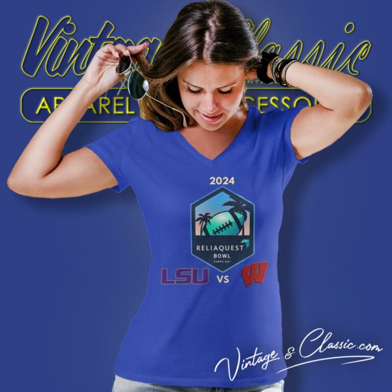 Lsu Vs Wisconsin Football 2024 Reliaquest Bowl Logo Matchup V Neck TShirt Lsu Vs Wisconsin Football 2024 Reliaquest Bowl Logo Matchup V Neck TShirt
