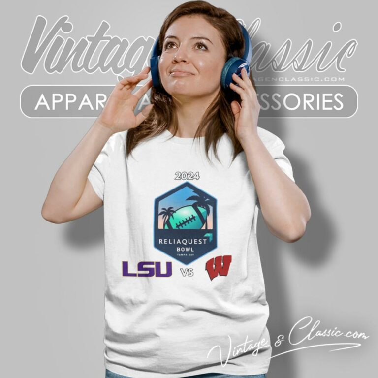 Lsu Vs Wisconsin Football 2024 Reliaquest Bowl Logo Matchup Women T Shirt Lsu Vs Wisconsin Football 2024 Reliaquest Bowl Logo Matchup Women T Shirt