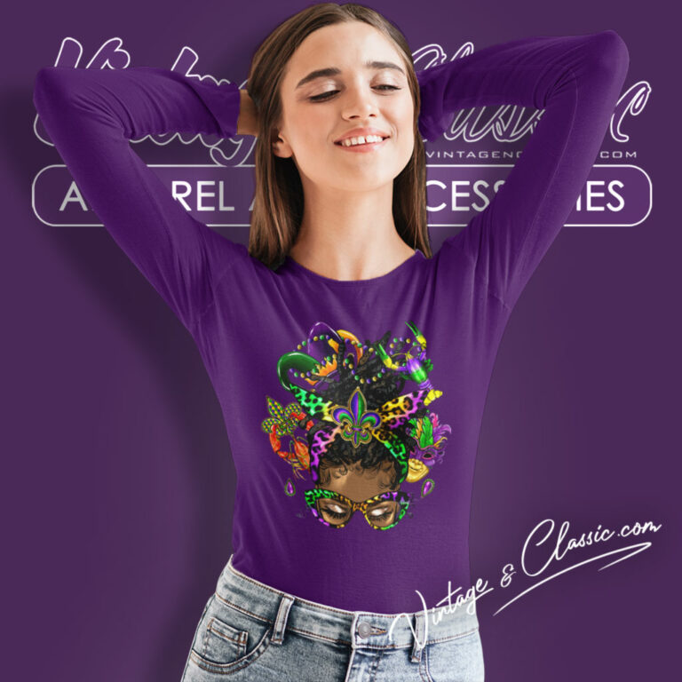 Mardi Gras Shirt Afro Messy Bun Black Women Long Sleeve Tee Mardi Gras Shirt Afro Messy Bun Black Women Long Sleeve Tee