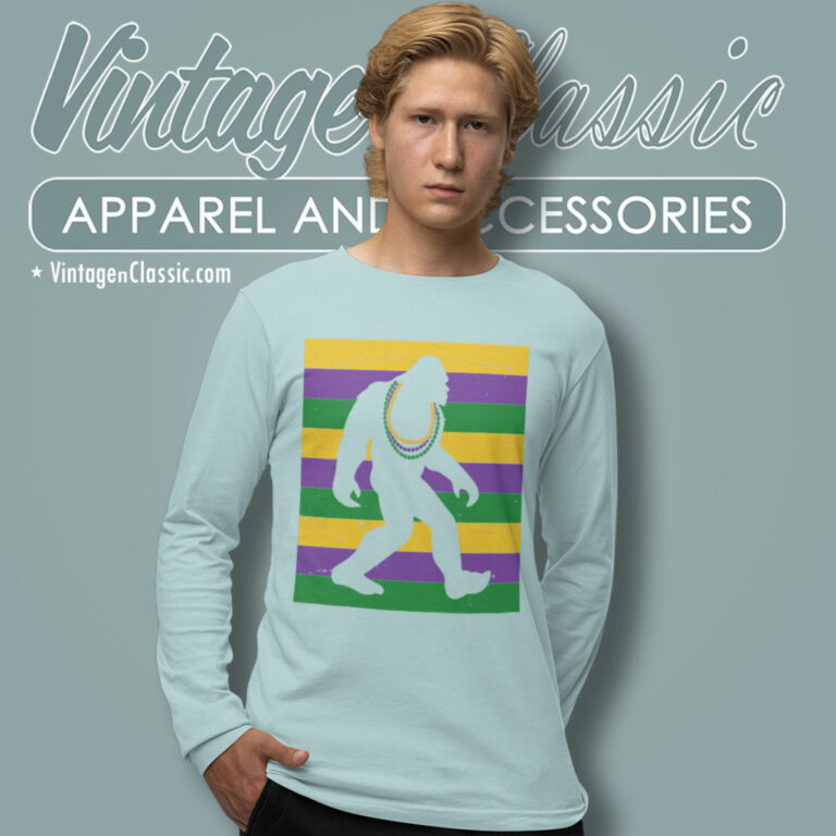 Mardi Gras Shirt Sasquatch Bigfoot With Beads Long Sleeve Tee Mardi Gras Shirt Sasquatch Bigfoot With Beads Long Sleeve Tee