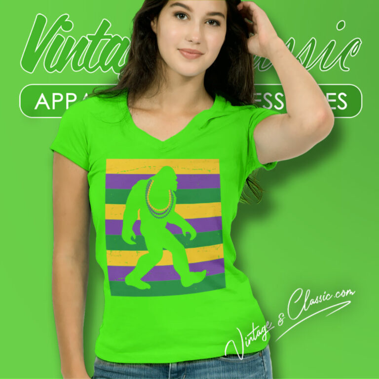 Mardi Gras Shirt Sasquatch Bigfoot With Beads V Neck TShirt Mardi Gras Shirt Sasquatch Bigfoot With Beads V Neck TShirt