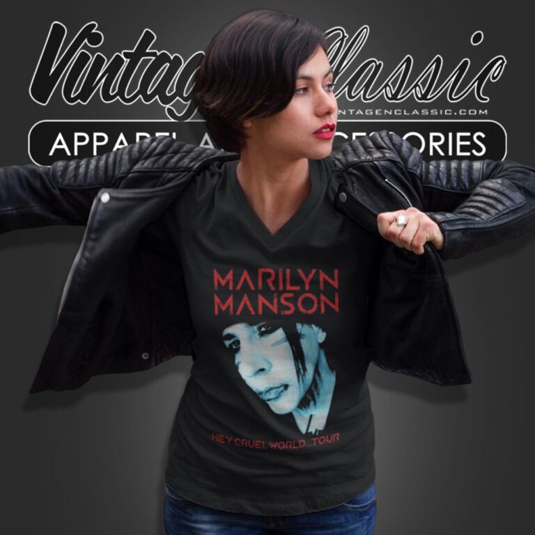 Marilyn Manson Hey Cruel World Tour V Neck TShirt Marilyn Manson Hey Cruel World Tour V Neck TShirt