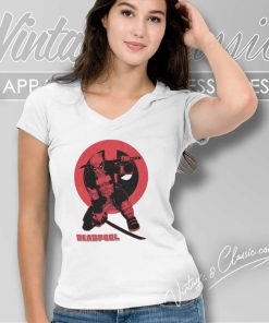 Marvel Deadpool Red Katana Sword Shirt V Neck TShirt