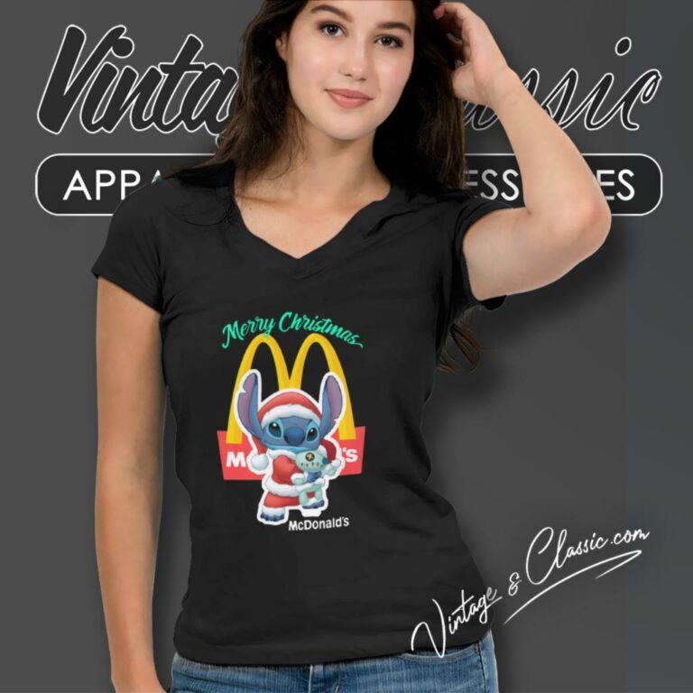 Mcdonalds Baby Stitch Christmas V Neck TShirt Mcdonalds Baby Stitch Christmas V Neck TShirt