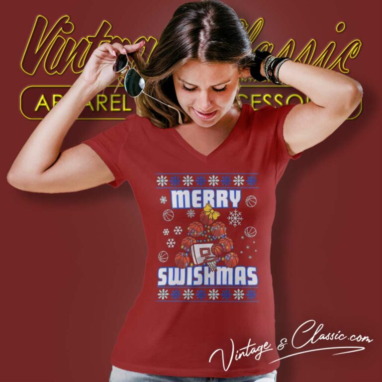 Merry Swishmas Shirt Basketball Ugly Christmas V Neck TShirt Merry Swishmas Shirt Basketball Ugly Christmas V Neck TShirt