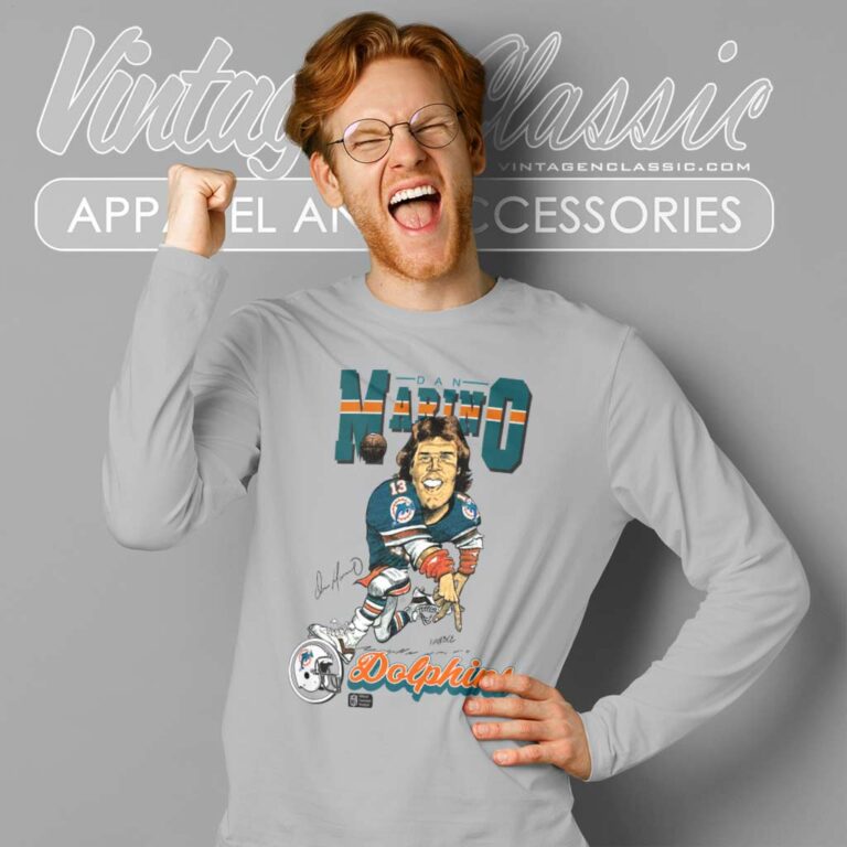 Miami Dolphins Dan Marino 13 Caricature Long Sleeve Tee Miami Dolphins Dan Marino 13 Caricature Long Sleeve Tee
