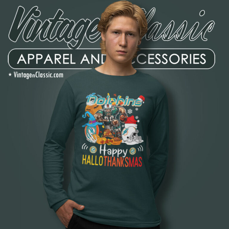 Miami Dolphins Happy Hallothanksmas Long Sleeve Tee Miami Dolphins Happy Hallothanksmas Long Sleeve Tee