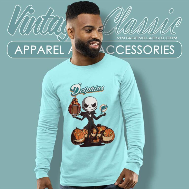 Miami Dolphins Jack Skellington Halloween Long Sleeve Tee Miami Dolphins Jack Skellington Halloween Long Sleeve Tee