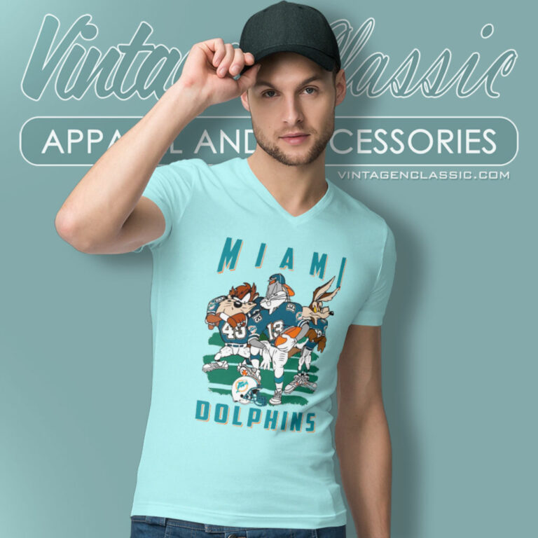 Miami Dolphins Looney Tunes 90s V Neck TShirt Miami Dolphins Looney Tunes 90s V Neck TShirt
