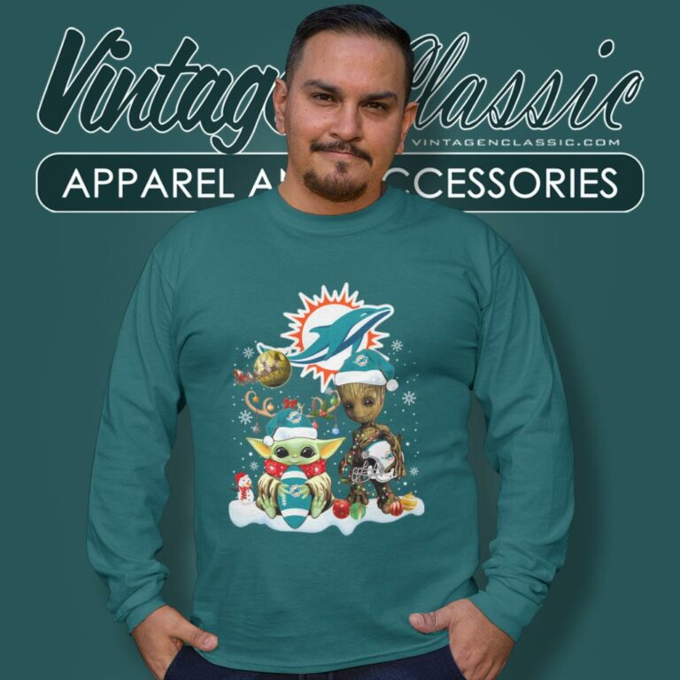 Miami Dolphins Shirt Baby Yoda And Groot Santa Christmas Long Sleeve Tee Miami Dolphins Shirt Baby Yoda And Groot Santa Christmas Long Sleeve Tee