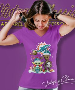 Miami Dolphins Shirt Baby Yoda And Groot Santa Christmas 5 Miami Dolphins Shirt Baby Yoda And Groot Santa Christmas V Neck TShirt